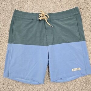 Fair Harbor Board Shorts Mens 34 Green Blue Colorblock Stretch Drawstring Beach